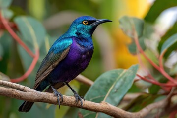 Brightly colored bird on a branch with dappled sunlight and foliage