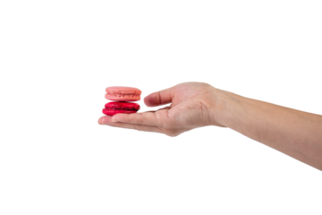 Pink and red macarons in hand on transparent background