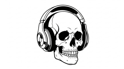 Human Skull Wearing Headphones Black and White Vector Illustration