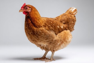 Fototapeta premium Brown hen in simple white background, full-body poultry photograph
