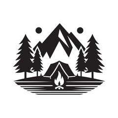 Obraz premium mountain camp vector silhouette clip art logo design illustration. abstract hill camp icon collections
