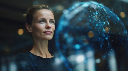 Business professional with global data network visualization in a modern office