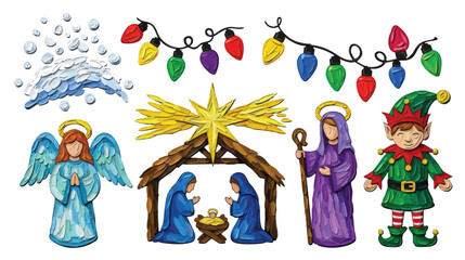 Colorful Christmas nativity and festive elements including angels, lights, elf.