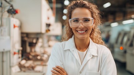 Woman wears glasses and lab coat in factory while smiling at camera during the day