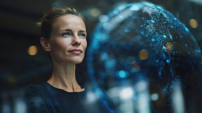 Business professional with global data network visualization in a modern office - Powered by Adobe