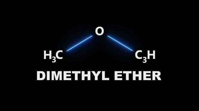 neon Dimethyl Ether Chemical Formula on black Background. glowing chemical formula of Dimethyl Ether. Dimethyl Ether Molecular Symbol icon Animation. Dimethyl Ether Molecule Structure icon.