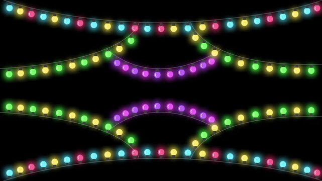 Beautiful christmas string light bulb string with flashing lights on black background. 4k video xmas light party, Christmas, new year and celebrate glowing animation