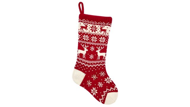 Festive red knitted Christmas stocking with white snowflake and reindeer pattern, ideal for holiday decorations