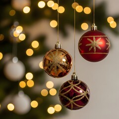 Fototapeta premium Close up of glittering christmas ornaments hanging on a softly blurred tree