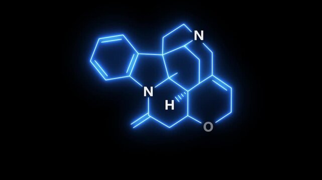neon Strychnine molecule on black Background. glowing chemical formula of Strychnine. Strychnine Molecular Symbol icon Animation. Strychnine Molecule Structure icon. 