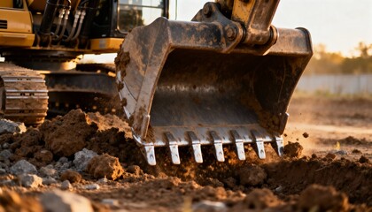 Medium shot of heavy machinery bucket digging into soil highlighting the attachments rugged design and efficient earthmoving capability.