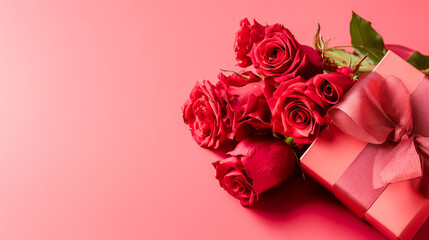 Delightful bouquet of red roses paired with a beautifully wrapped gift on a soft pink backdrop