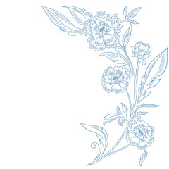 Elegant Blue Baroque Floral Corner Ornament with Vintage Engraved Botanical Details