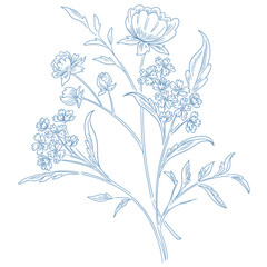 Elegant Blue Baroque Floral Bouquet with Vintage Engraved Botanical Linework Ornament