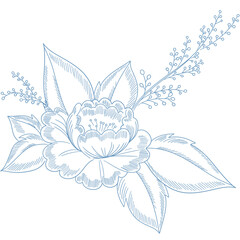 Fototapeta premium Elegant Blue Engraved Floral Bloom with Leaves and Sprigs