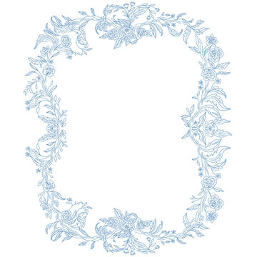 Delicate Blue Baroque Floral Frame with Intricate Vintage Botanical Ornamentation and Elegant Decorative Scroll Details