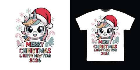 Cute Unicorn Christmas T-Shirt Design | Merry Christmas & Happy New Year 2026 | Kids Holiday Unicorn Illustration