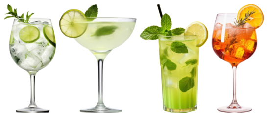 PNG Refreshing cocktails with vibrant garnishes, element set on transparent background