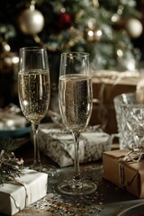 Festive champagne glasses with gifts and Christmas lights