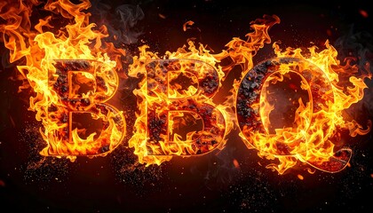 Fiery "BBQ" text with roaring flames and smoke against a dark background, creating a dramatic and intense effect