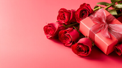 Roses and a beautiful gift create a romantic moment for a special occasion