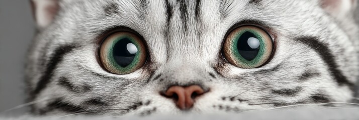 Captivating Silver Tabby Cat Portrait with Intense Green Eyes and Charming Demeanor, Close-Up View