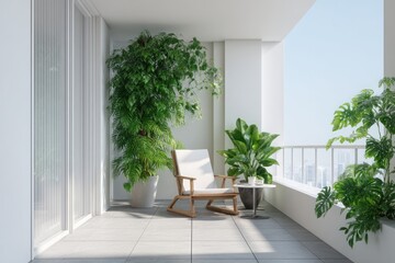 Fototapeta premium Modern balcony with lush plants and chair
