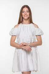 Portrait of young beautiful woman, isolated on white background