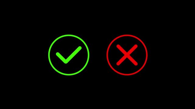 Green checkmark and red cross symbols on black background tick