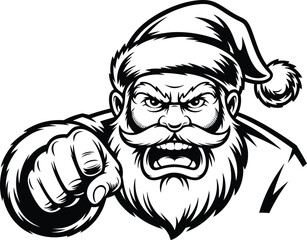 Angry Santa Claus pointing finger black and white christmas