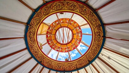 Obraz premium Low-angle shot of a yurt's decorated skylight, revealing blue sky with clouds through its opening
