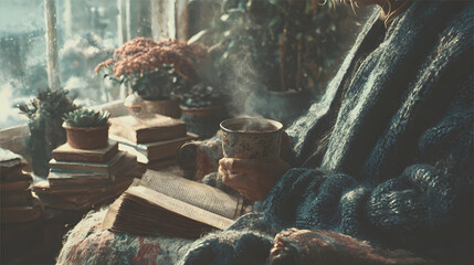 A reflective person embodies self-love and independence while holding a book and a cup of tea, surrounded by symbols of confidence and solitude on Single Awareness Day.