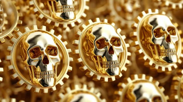 Skulls in golden gears arranged closely together in a decorative pattern for an art display