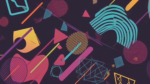 A vibrant abstract composition featuring geometric shapes and dynamic lines over a dark background.