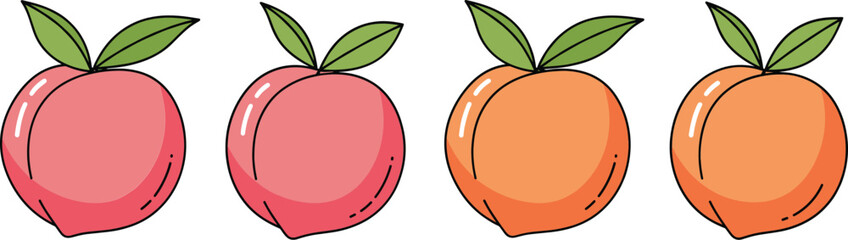 Fresh peach fruit icons collection with leaves in simple flat vector illustration style for packaging and branding
