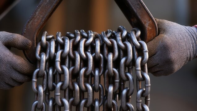 Close-up of gloved hands aligning chains on a heavy load for hoisting in an industrial setting, emphasizing rigging, load handling, and professional lifting operations