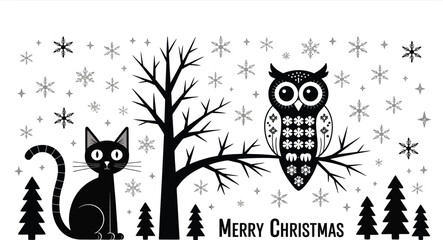Black cat owl bare tree snowflakes merry christmas text
