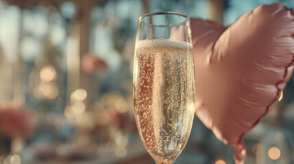 Glass of champagne with delicate bubbles and a pink heart-shaped balloon. Self-love, Valentines Day