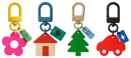 PNG Colorful keychains with unique designs, element set on transparent background
