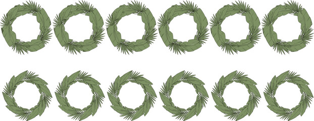 Green botanical wreath frame set with hand drawn foliage circles in natural vector style for branding and decor