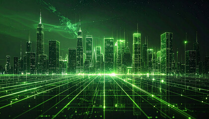 エメラルドグリーンのデジタル光線が走る夜景