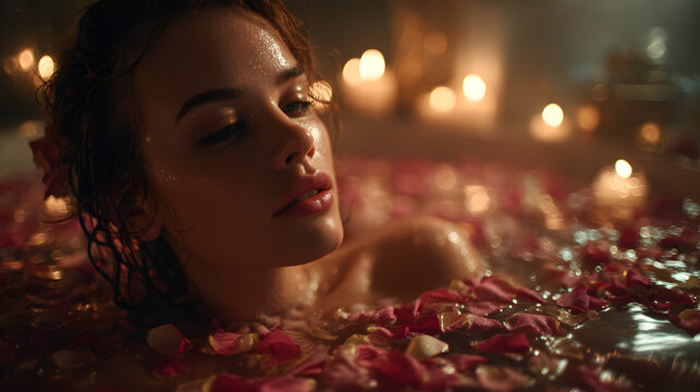 a solo celebration of Valentine's Day, with a focus on self-love and self-care, a woman in a relaxing bath in rose pedals and surrounded by candles