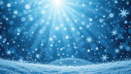 A winter scene with snowflakes falling and bright light above