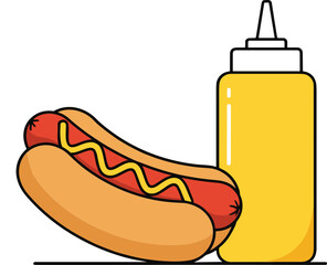 Hot dog with mustard illustration in simple flat vector style for fast food menus snacks and street food designs