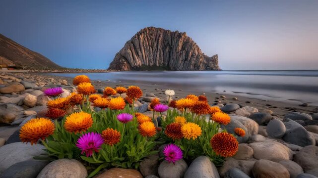 Colorful flowers bloom in front of Morro Rock during dawn at Morro Bay California, with waves gently lapping on the shore