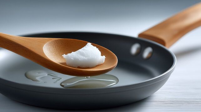 Coconut oil melting in non stick frying pan, a wooden spoon scooping healthy cooking fat for a nutritious meal preparation in the kitchen with copy space