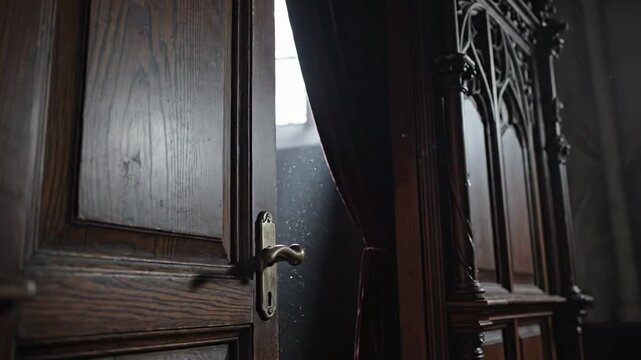 A heavy dark wooden door slightly ajar next to ornate carved architectural details