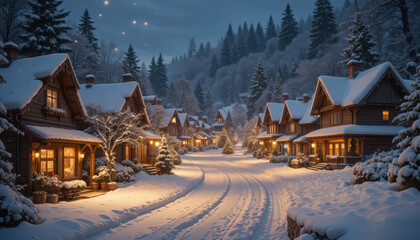 A snowy village street at night with illuminated houses