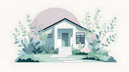 vector illustration of a minimalist modern house, clean geometric shapes, flat colors, sharp lines, large glass windows, white facade, high-detail 