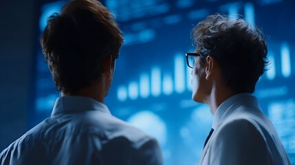 Two professionals analyzing complex data on a bright blue screen